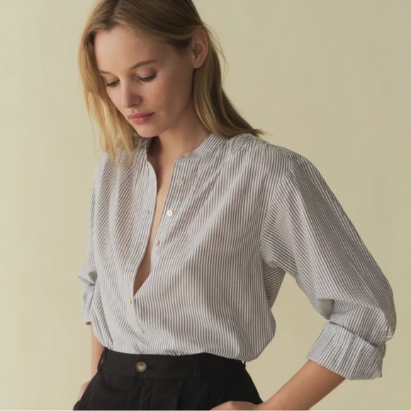 Doen Tops - Doen Holde Blouse in Brighton Stripe Button-Front Peasant Shirt Cream & Gray
